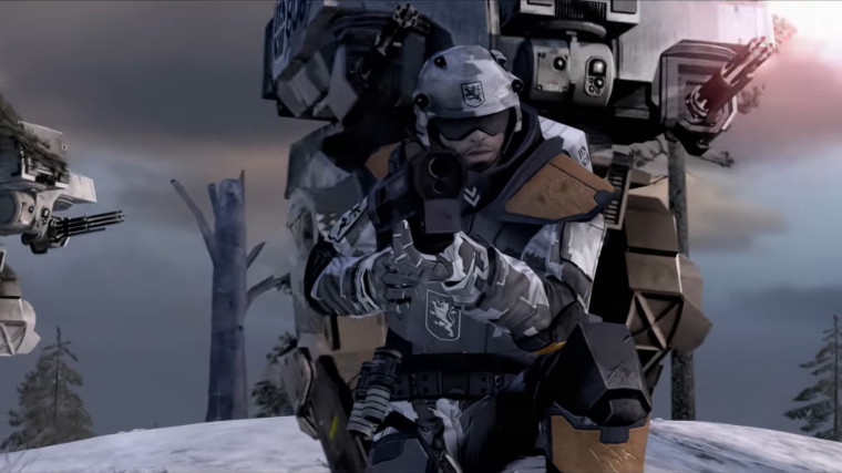 Battlefield 2142 Soldier Walking in Front of Mechs