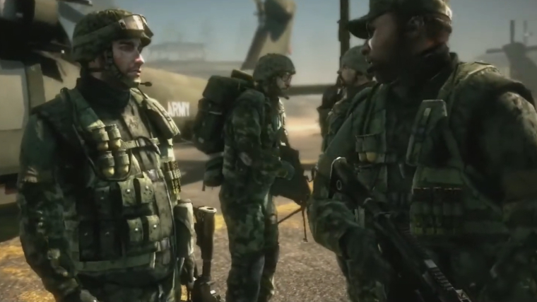 Battlefield: Bad Company Soldiers Talking Near a Helicopter