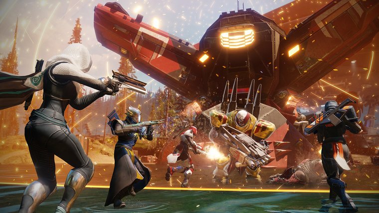 Destiny 2, a group of players fighting against big enemies