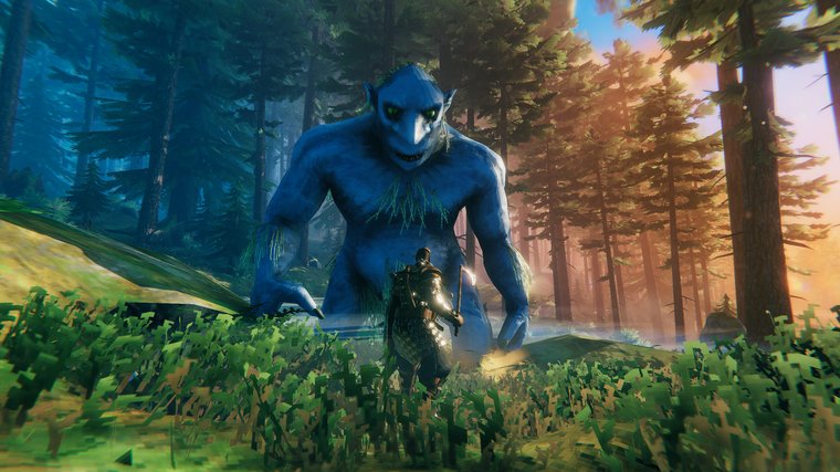 Valheim, a troll staring down at a player