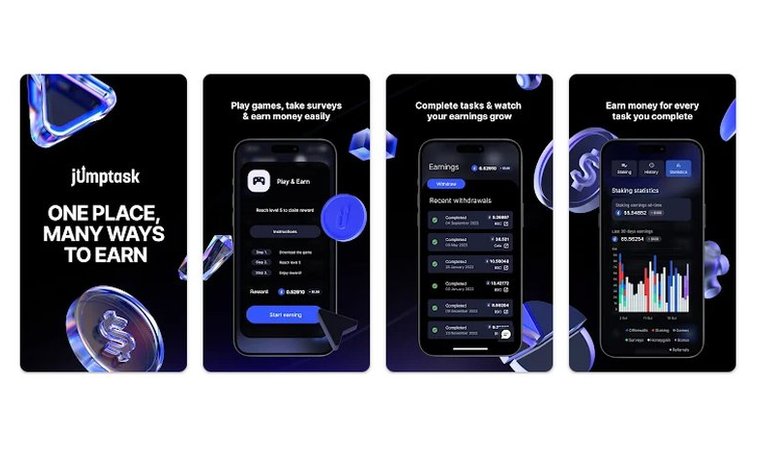 Jumptask app showing a section of play and earn, tasks, and statistics.