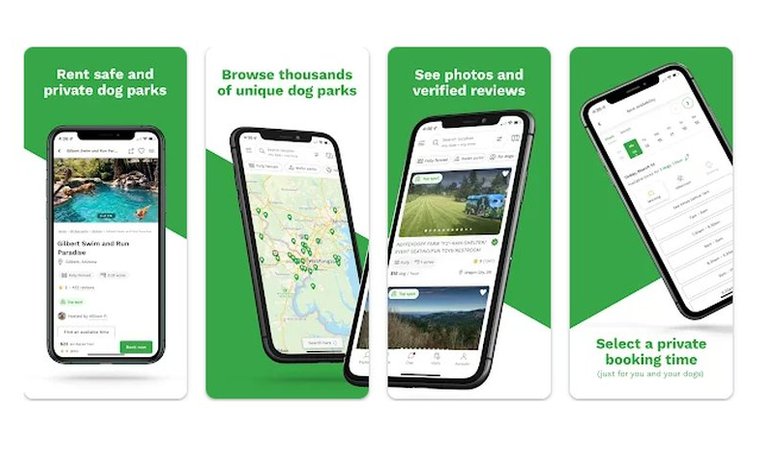 Sniffspot app showing private dog park rentals with maps, photos, reviews, and booking options.