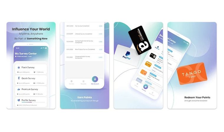 Toluna app interface showing survey options and gift card redemption options like PayPal, Amazon, and Tango.