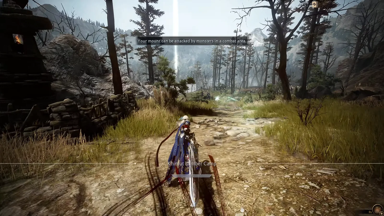 MMORPG: Black Desert Online gameplay of a character exploring the scenic Khimut Lumber Camp environment