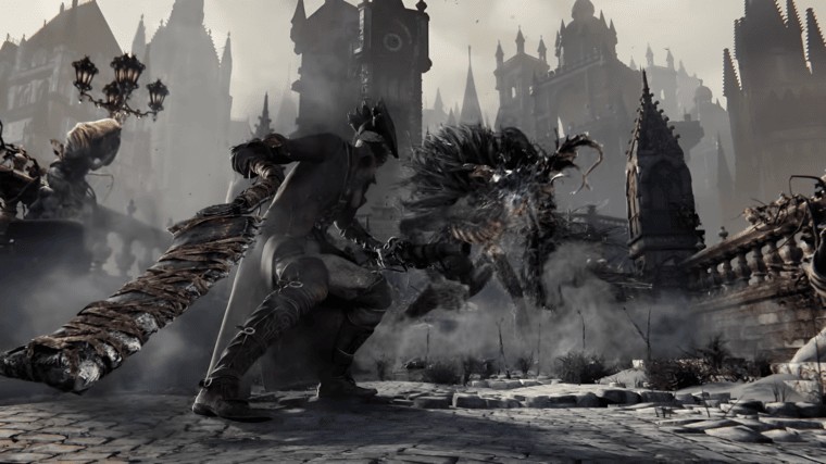 The player character in Bloodborne fighting a massive, rampaging monster outside a castle.