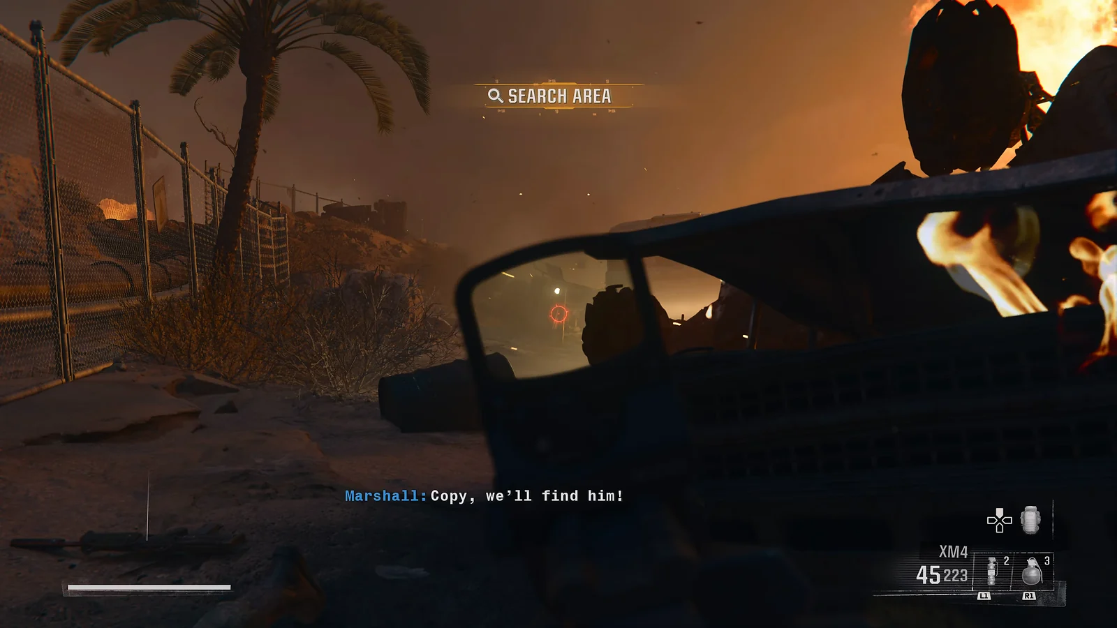 FPS Game: Call of Duty: Black Ops 6 aiming through a red dot sight in a desert warzone