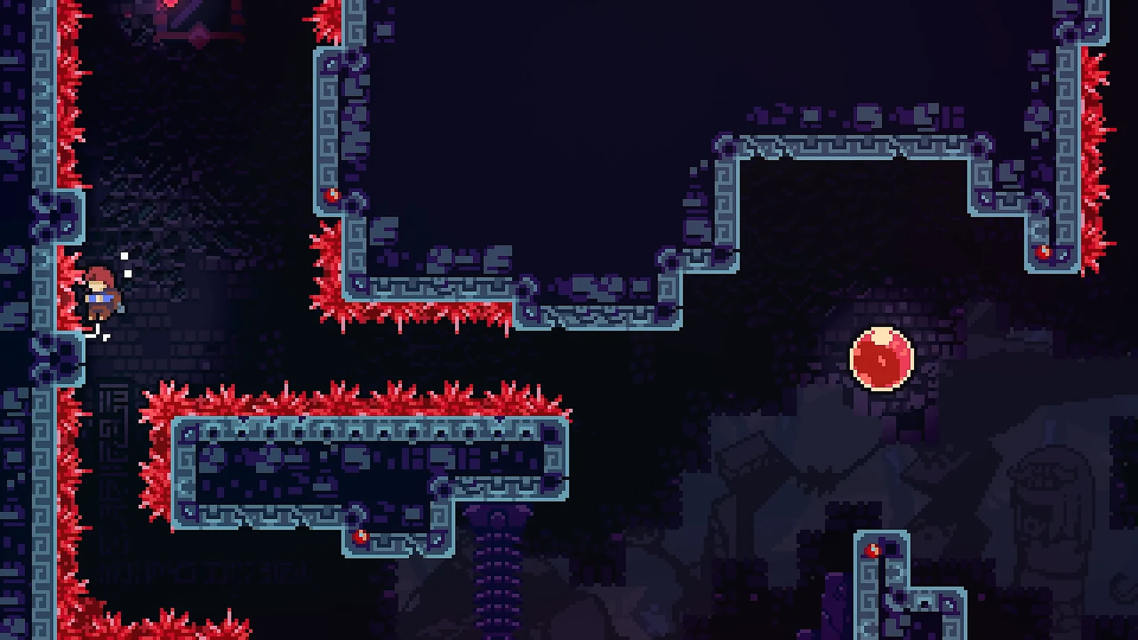 Platformer: Celeste gameplay of Madeline climbing a wall in a level filled with red crystalline hazards