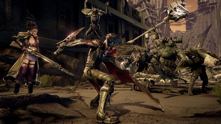 Two main characters of Code Vein fighting a mob of Revenants.