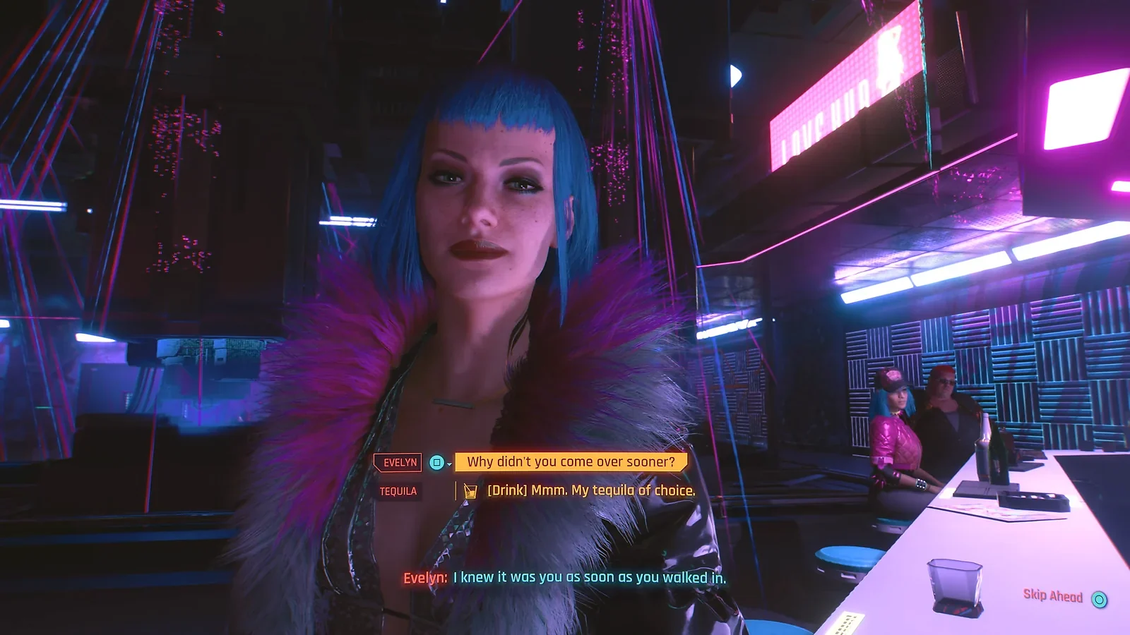 Top PC Video Game Genres:: Cyberpunk 2077 dialogue with Evelyn Parker in a neon-lit bar