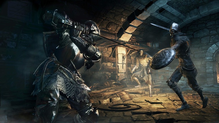 The player character in Dark Souls 3 battling two undead soldiers.