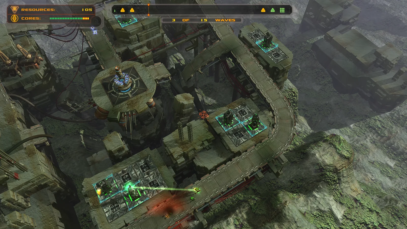 Tower Defense: Defense Grid: The Awakening gameplay ofa top-down view of base construction and core protection