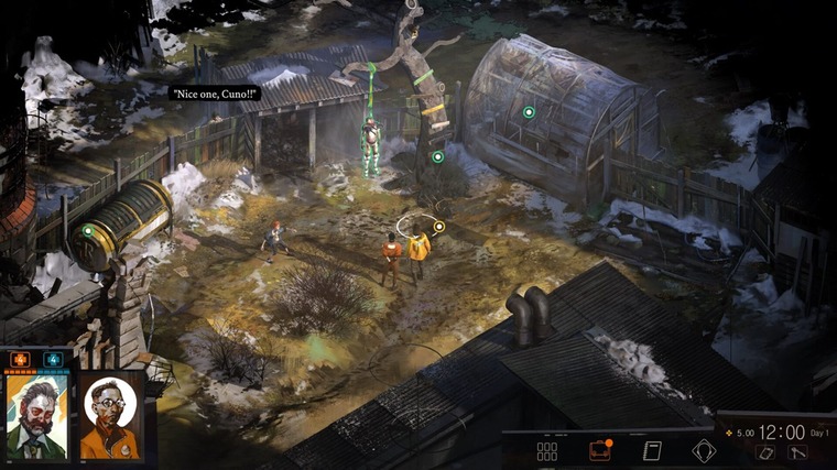 Disco Elysium - The Final Cut characters inspecting a hanged body.