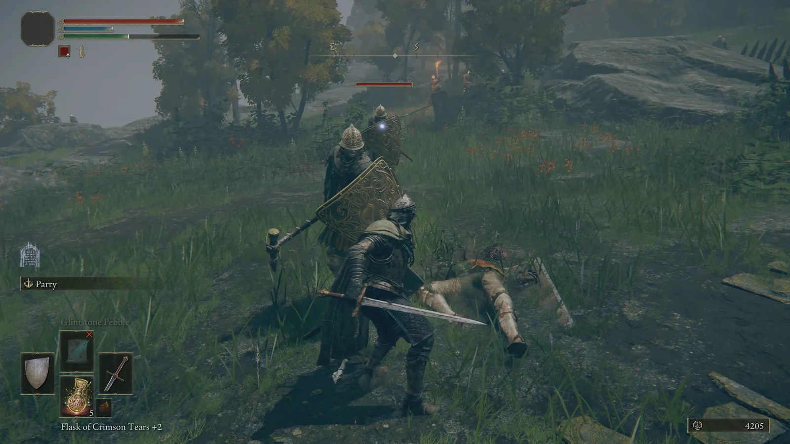 Action RPG: Elden Ring gameplay of a  player engaged in tactical combat against three armored soldiers