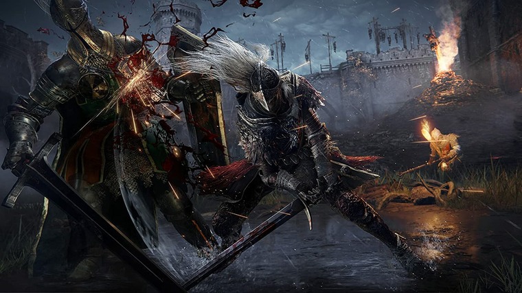 A concept art of the main character cutting down an enemy knight in Elden Ring.