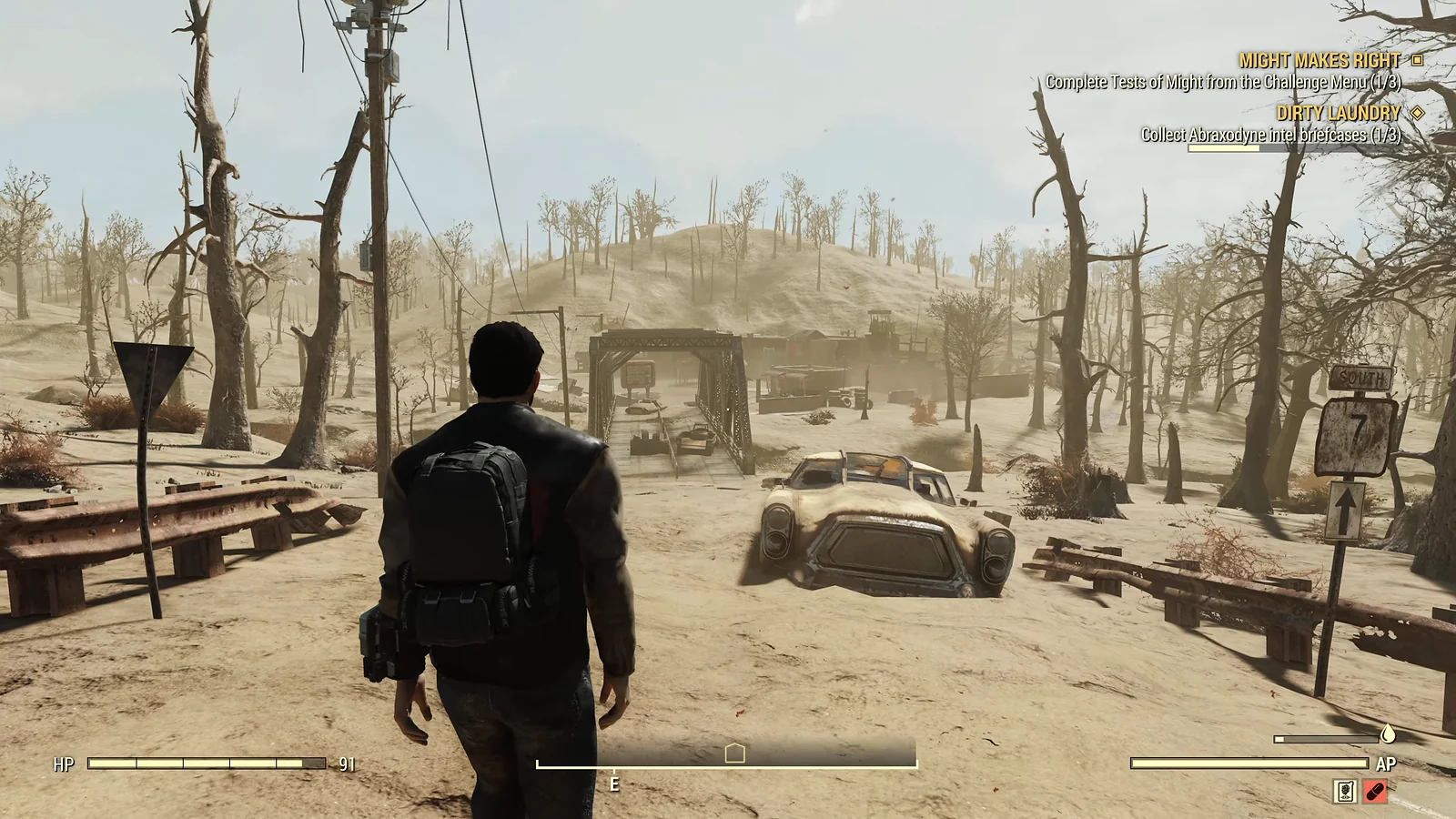 Top Console Game Genre: Fallout 76 gameplay of a player exploring a post-apocalyptic wasteland bridge area