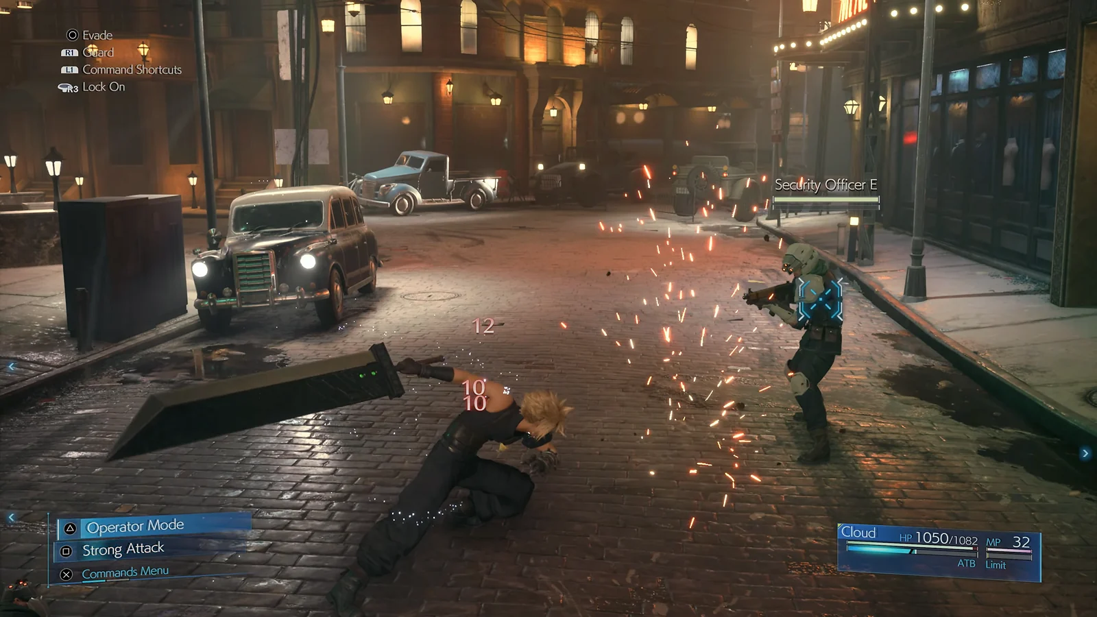 Japanese RPG: Final Fantasy VII Remake combat with Cloud Strife using his Buster Sword against a security officer