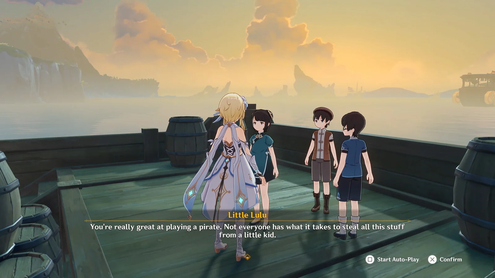 Top Mobile Game Genres: Genshin Impact conversation with Little Lulu on a ship at sunset
