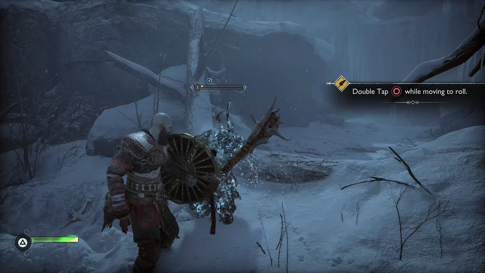 Action-Adventure game: God of War Ragnarök combat of Kratos using a shield against an enemy in a snowy forest