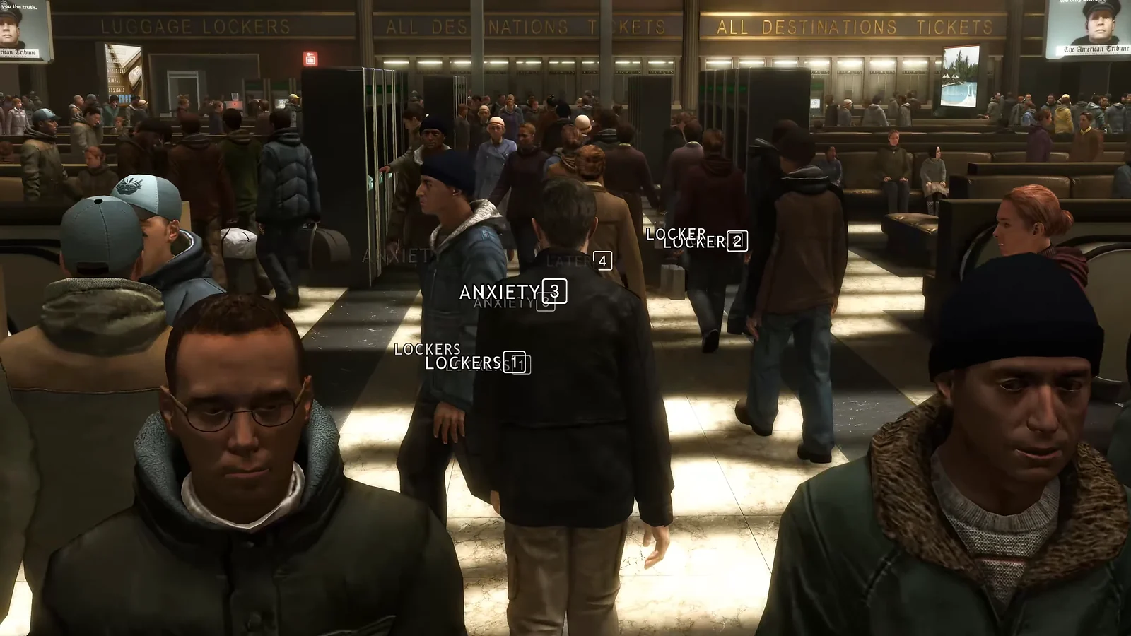 Narrative/Interactive Fiction: Heavy Rain gameplay of a crowded train station with character anxiety prompts on screen