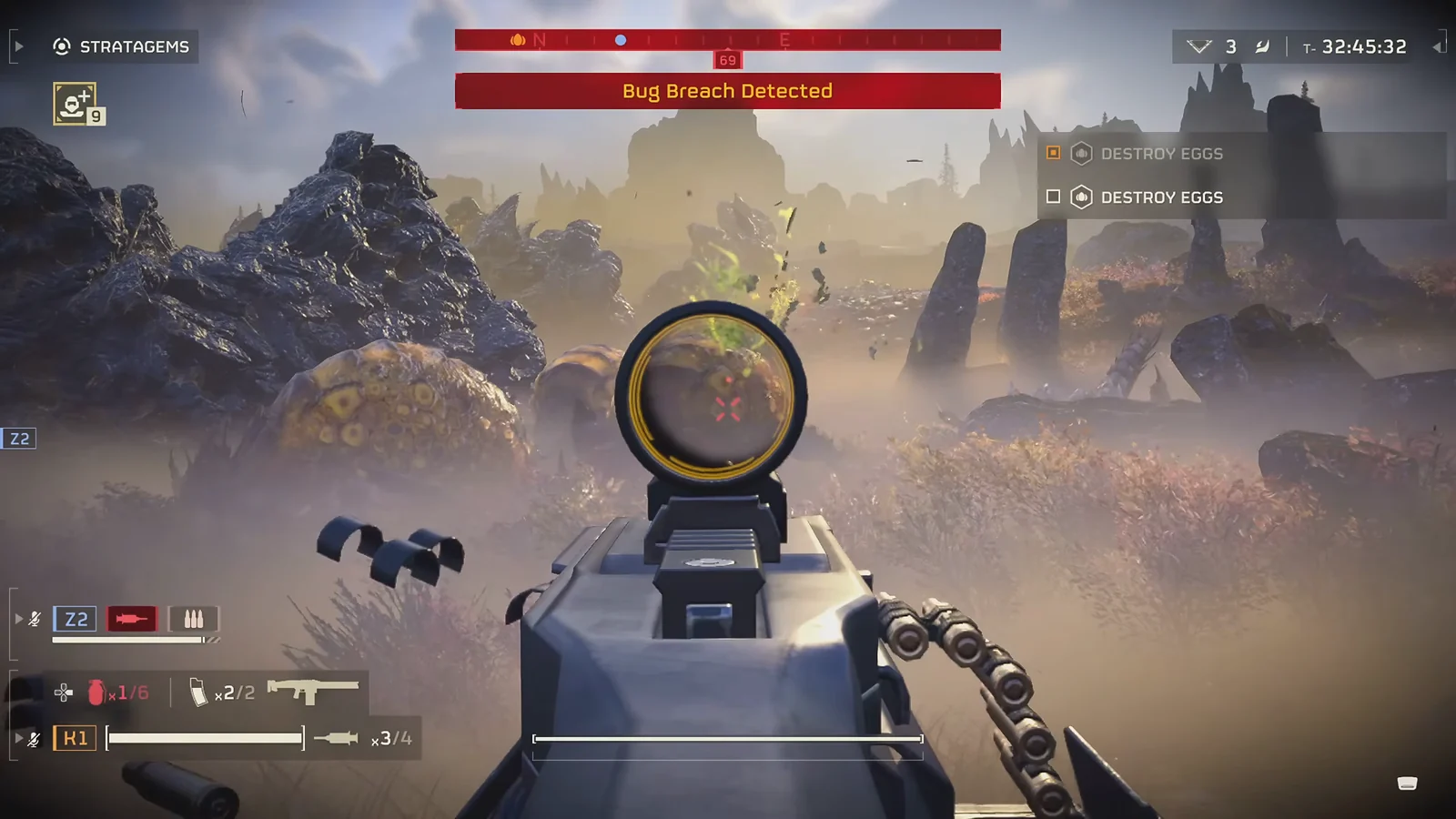 Third-Person Shooter: Helldivers 2 gameplay of a Bug Breach Detected alert and weapon aiming