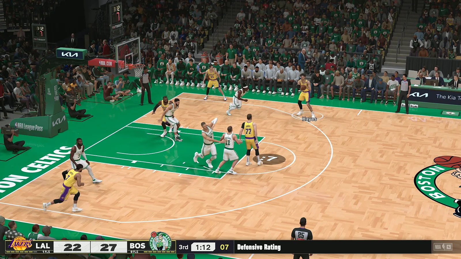 Traditional Sports Game: NBA 2K25 gameplay of a match between the Celtics and Lakers on a realistic basketball court