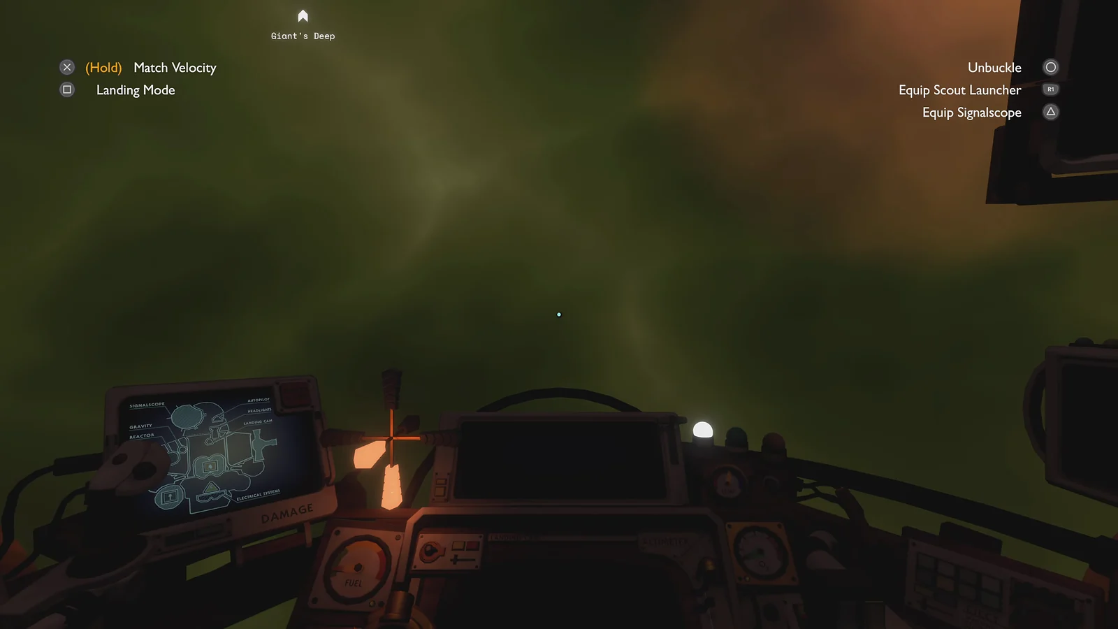Exploration Sandbox: Outer Wilds gameplay of complex spaceship cockpit view while flying through green space fog