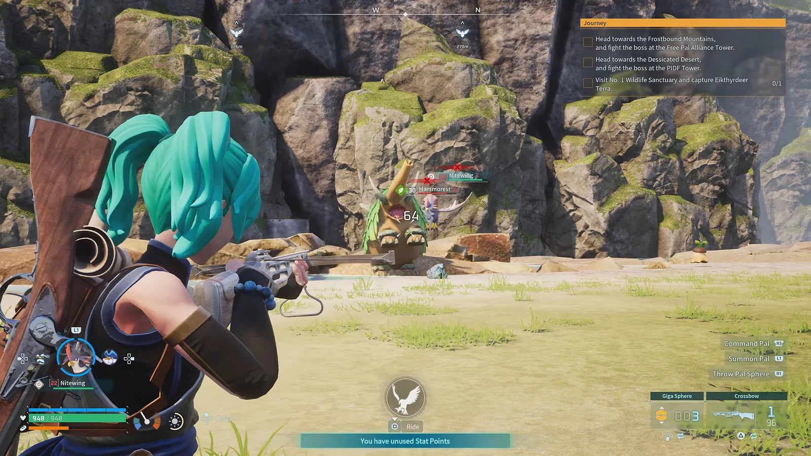 Survival Sandbox: Palworld gameplay of a character aiming a crossbow at a Mammorest in an open-world setting