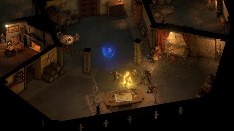 A wide, overhead shot of the protagonist fighting enemies in Pillars of Eternity II: Deadfire.