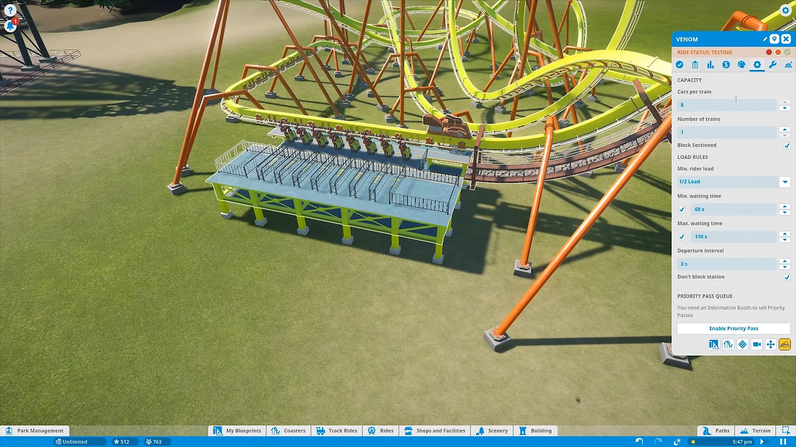 Business simulation: Planet Coaster interface for inspecting ride status and train capacity on a custom roller coaster
