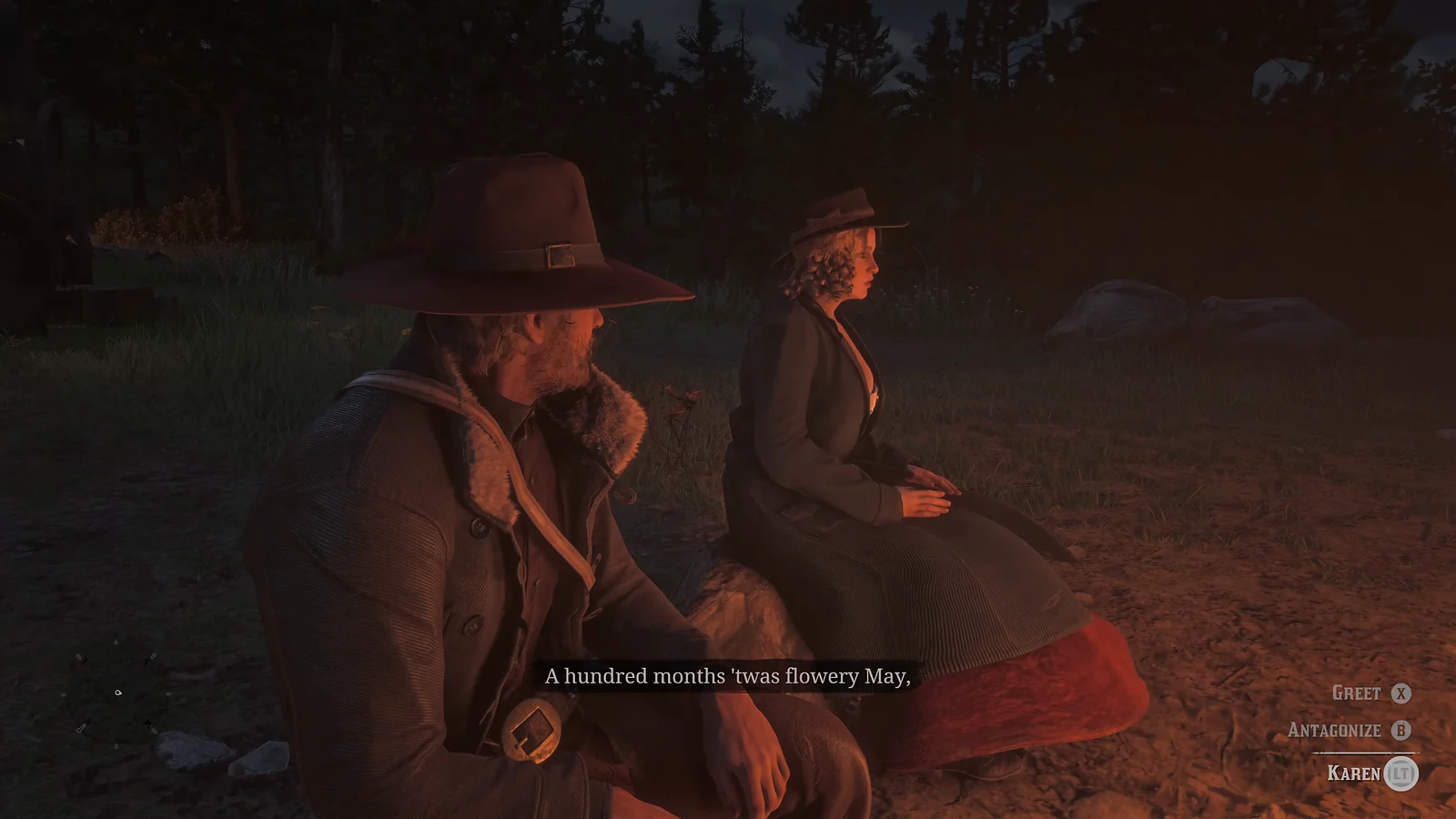 Open-World RPG: Red Dead Redemption 2 cinematic of Arthur Morgan and Karen talking by a campfire at night