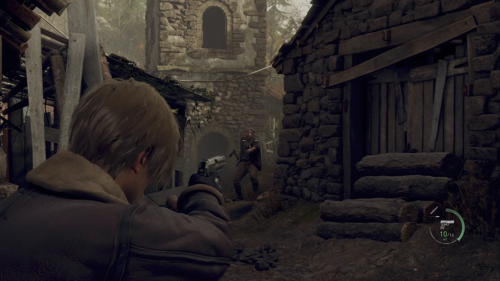 Action Horror: Resident Evil 4 gameplay of Leon S. Kennedy aiming a handgun at an enemy in a rural village