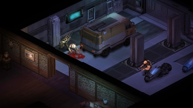 The Shadowrun: Dragonfall - Director's Cut protagonist trying to sneak past two enemies.