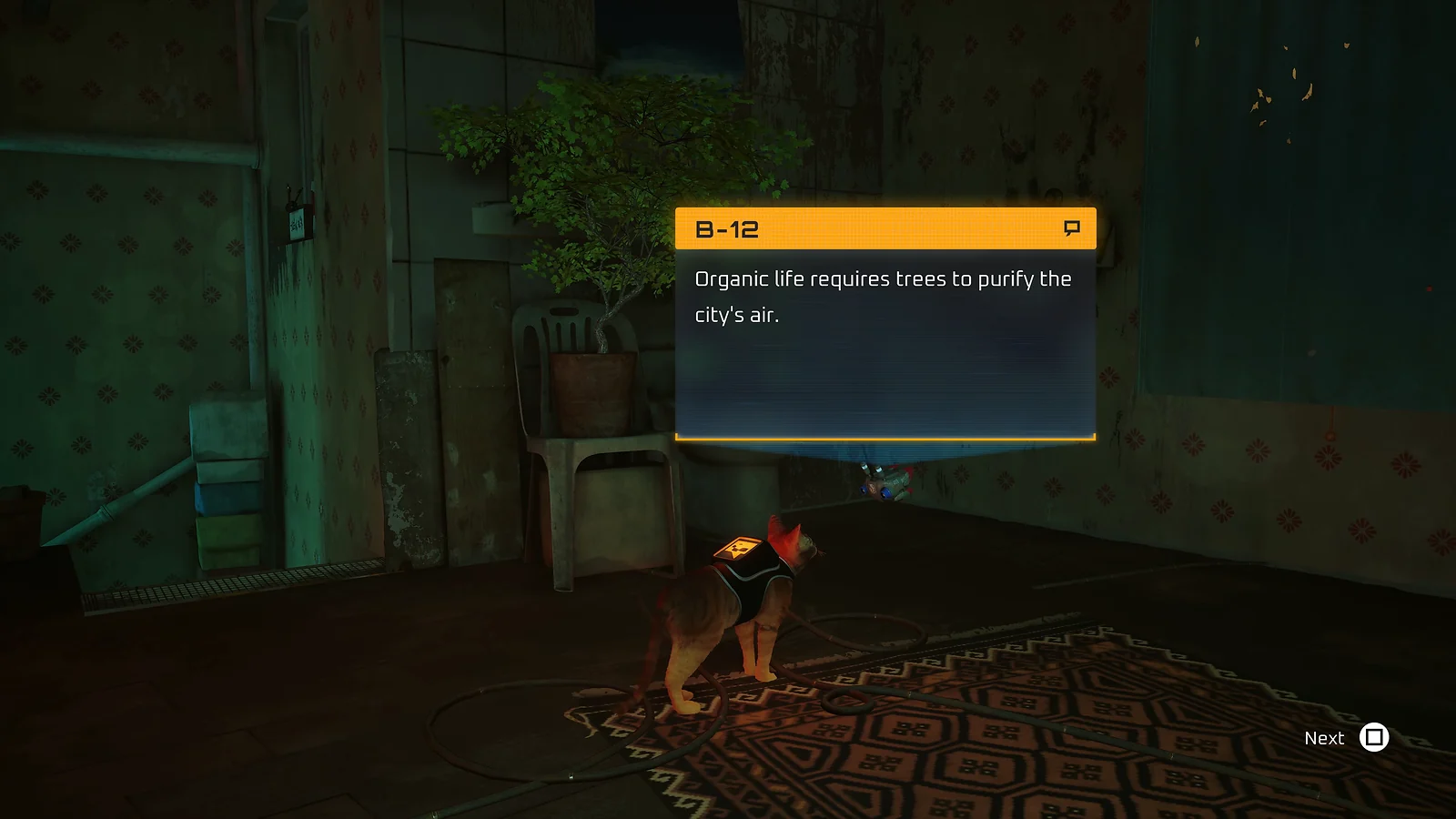 Graphic Adventures: Stray gameplay of the cat protagonist and B-12 drone discussing organic life in the city