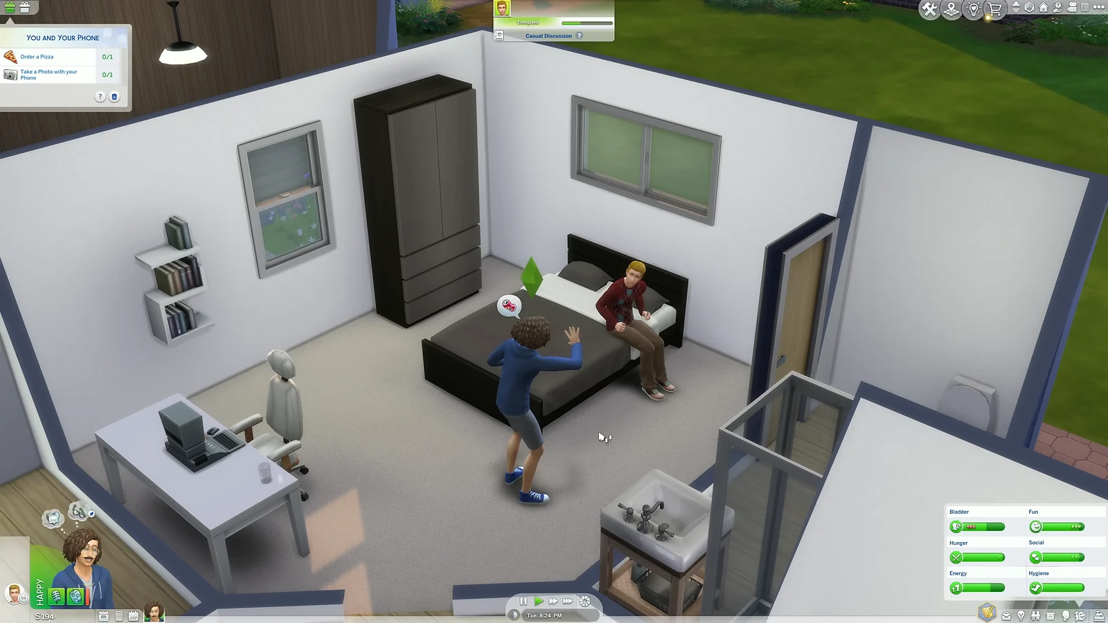 Life Sim: The Sims 4 gameplay of two characters interacting in a bedroom with mood and social indicators