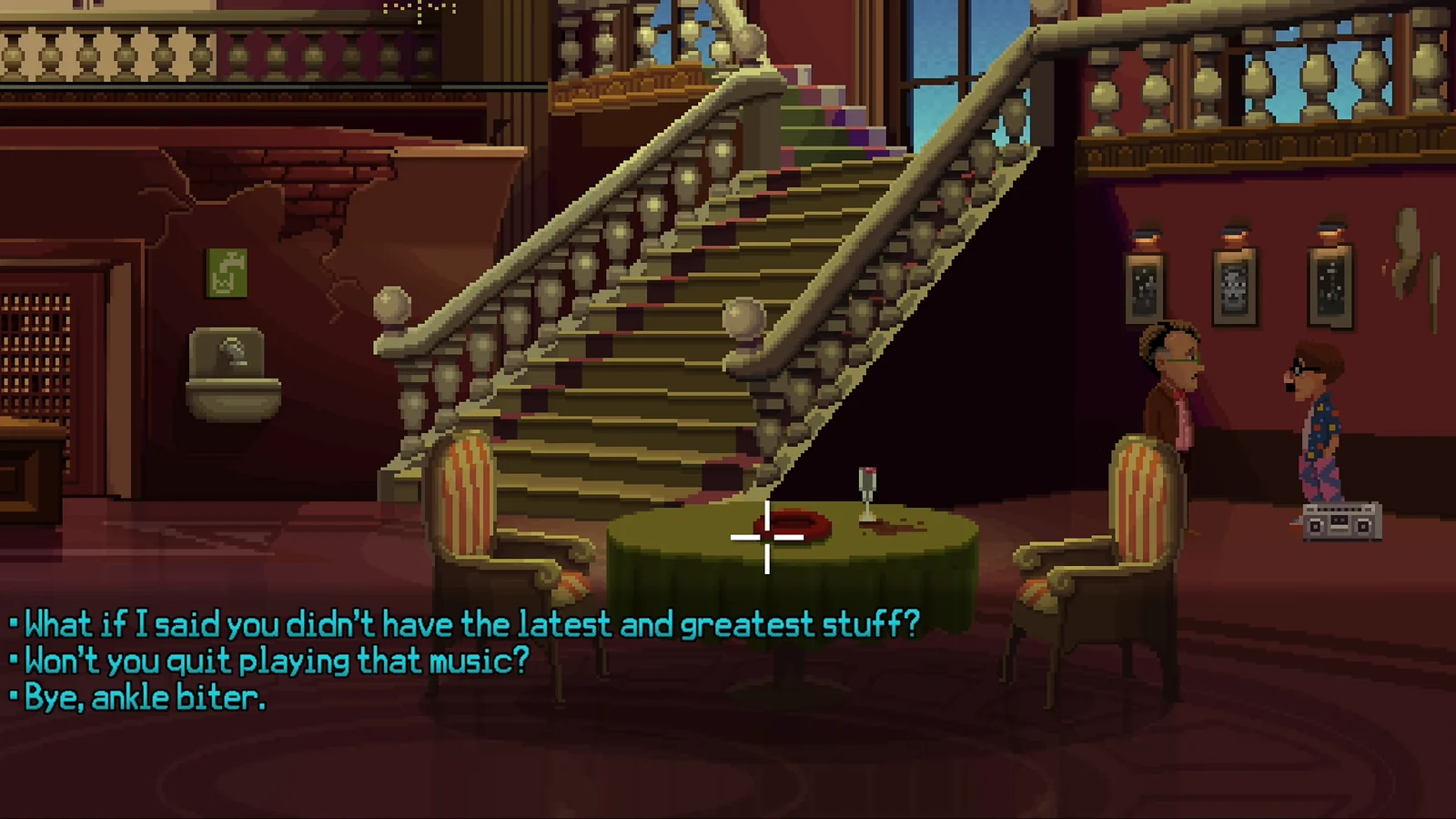 Point-and-Click: Thimbleweed Park pixel art characters and dialogue selection in a lobby