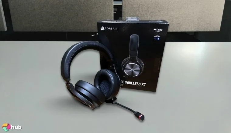 Corsair Virtuoso RGB Wireless Gaming Headset on a white office desk in a minimalist setup for a review