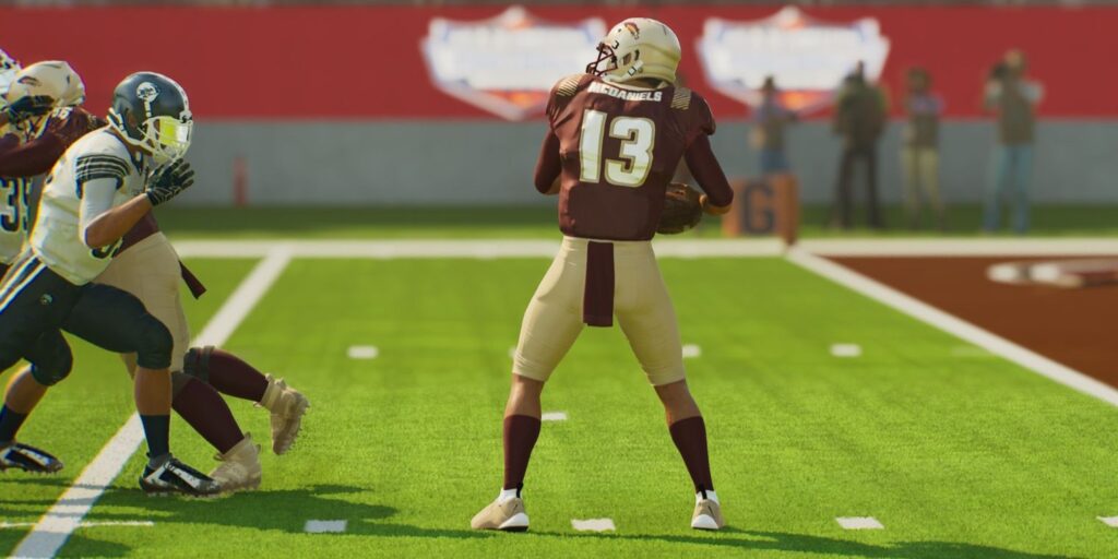 American Football Quarterback looks like he's about to get sacked.