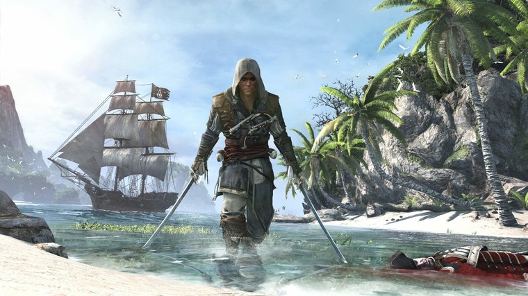 Edward Kenway, the protagonist of Assassin's Creed 4: Black Flag, stands menacingly with his sabres drawn on a beach.