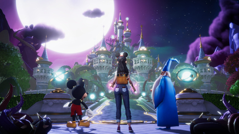 Mickey and Merlin overlook a castle in Disney Dreamlight Valley