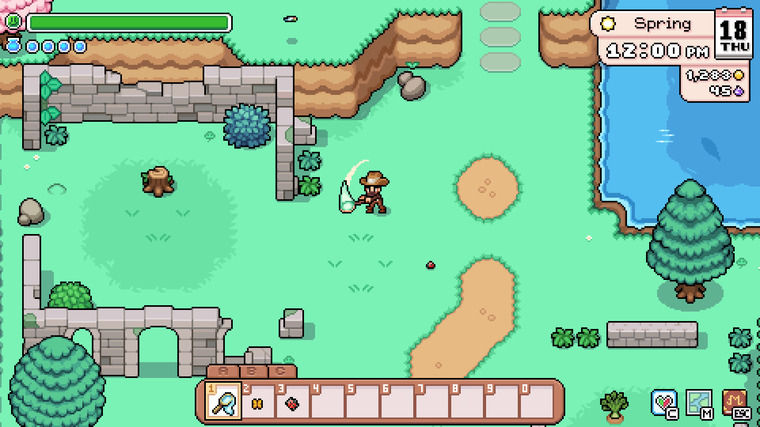 A farmer catching bugs in Fields of Mistria