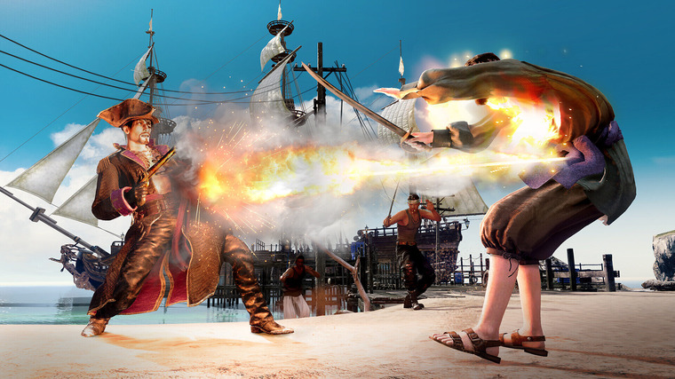 Goro Majima shoots down an enemy with a flintlock in Like a Dragon: Pirate Yakuza in Hawaii.