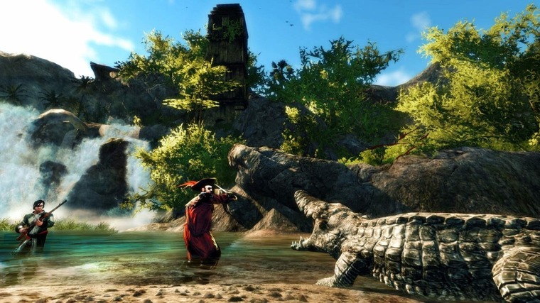 A pirate captain and his crewmate fights off a massive crocodile in Risen 2: Dark Waters.