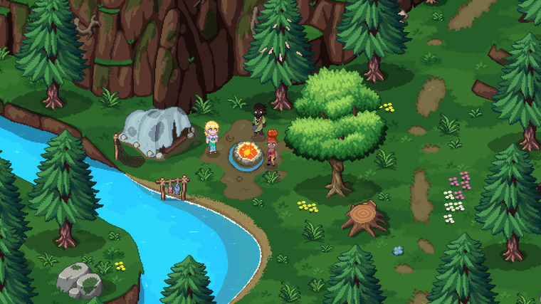 Clan members talking around a campfire in Roots of pacha