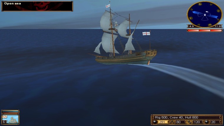 A lone ship sailing the vast, open sea in Sea Dogs.