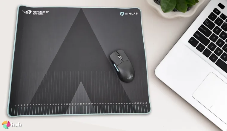 ASUS ROG Hone Ace Aim Lab Gaming Mouse Pad on a white office desk styled for promotional review