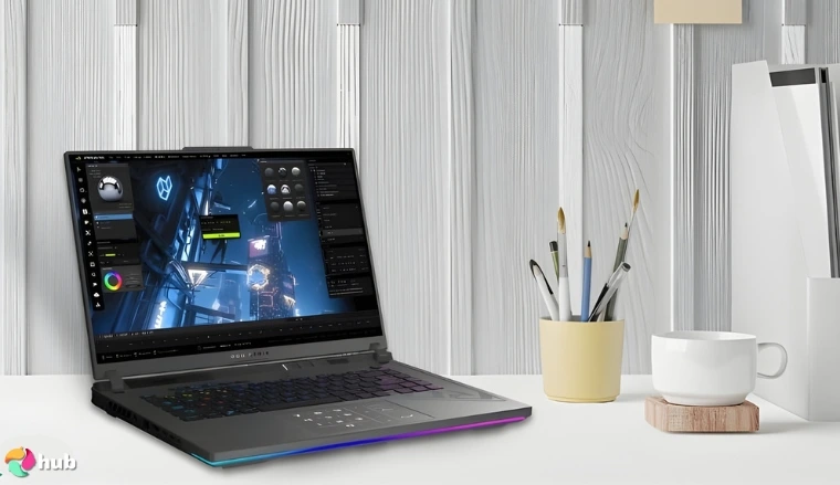 ASUS ROG Strix G16 Gaming Laptop on a white office desk with decorative items for a review