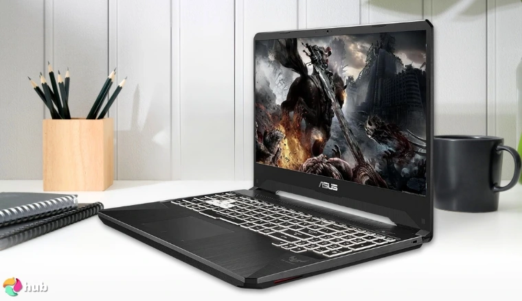 ASUS TUF Gaming RTX 4070 Gaming Laptop on a white office desk in close-up for a review