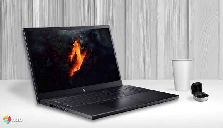 Acer Nitro V Gaming Laptop on a white office desk styled neatly for a review