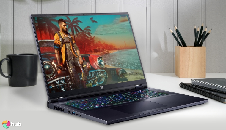 Acer Predator Helios 18 Gaming Laptop on a white office desk in close-up for a review