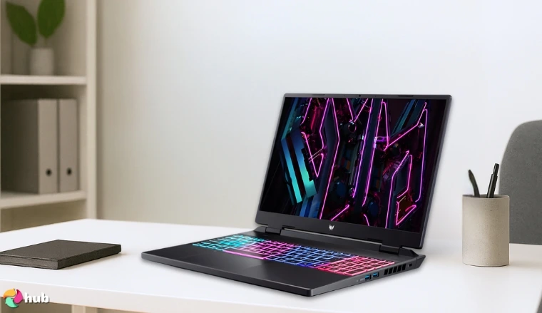 Acer Predator Helios Neo 16 Gaming Laptop on a white office desk with balanced composition for a review